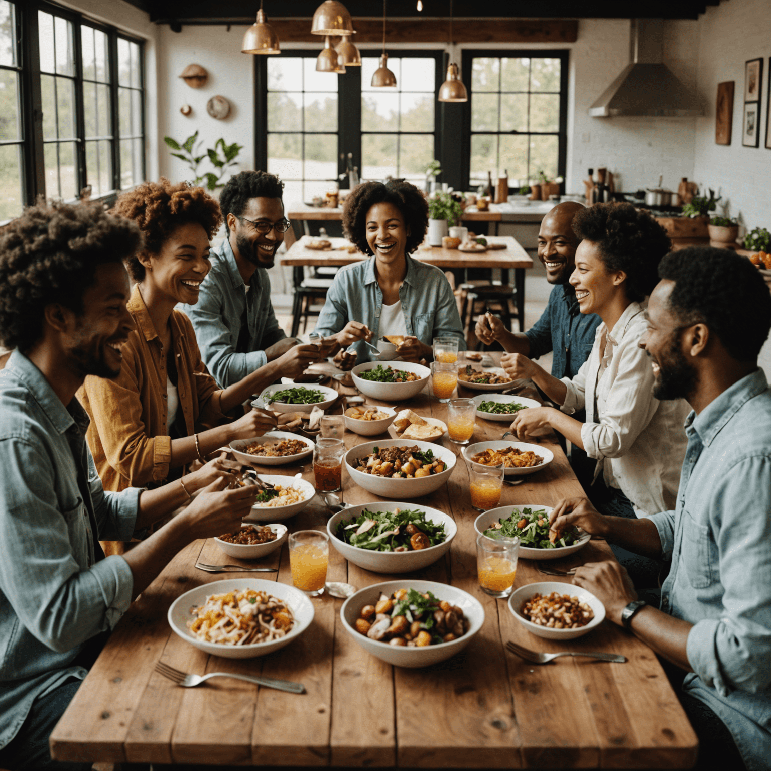 A group of diverse people sharing a meal at a long communal table, laughing and engaging in conversation