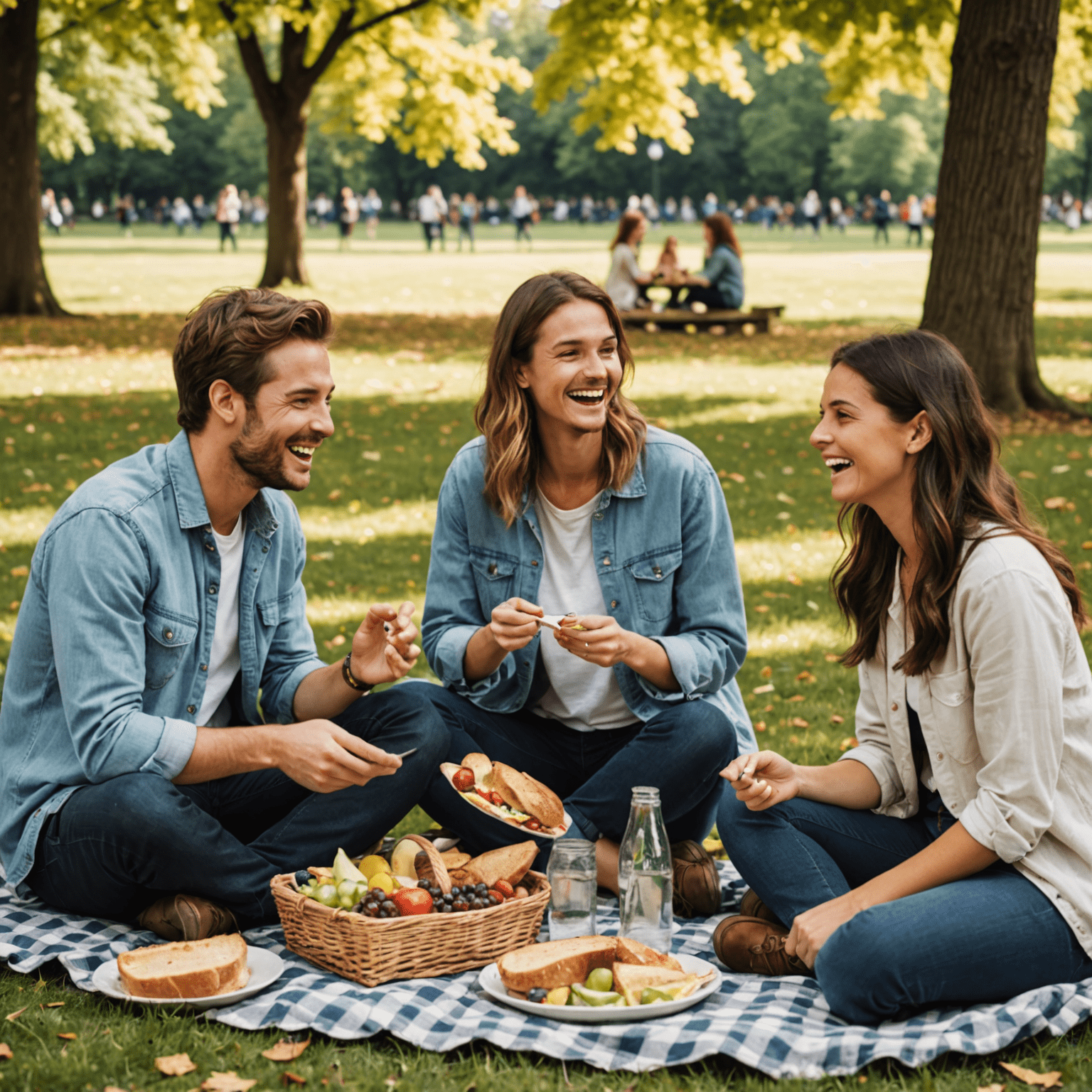 A group of friends enjoying a picnic in a park, laughing and interacting without any visible technology