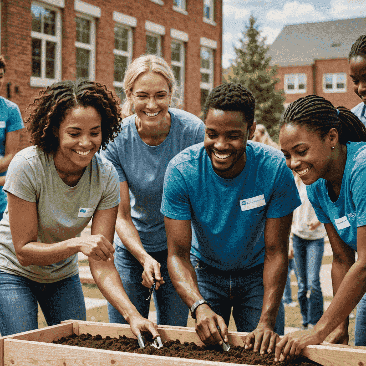 A diverse group of volunteers working together on a community project, smiling and interacting