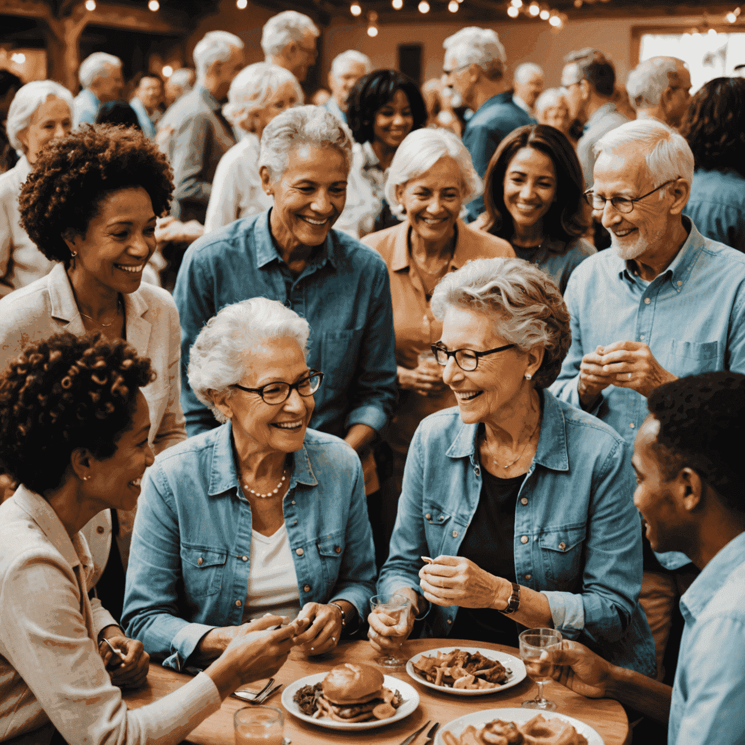 A diverse group of people from different generations interacting at a social event, with activities suitable for various age groups visible in the background