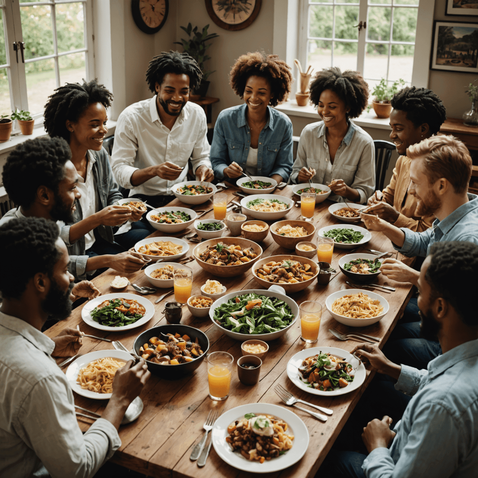 A group of diverse people enjoying a communal meal at a long table, sharing dishes and engaging in lively conversation