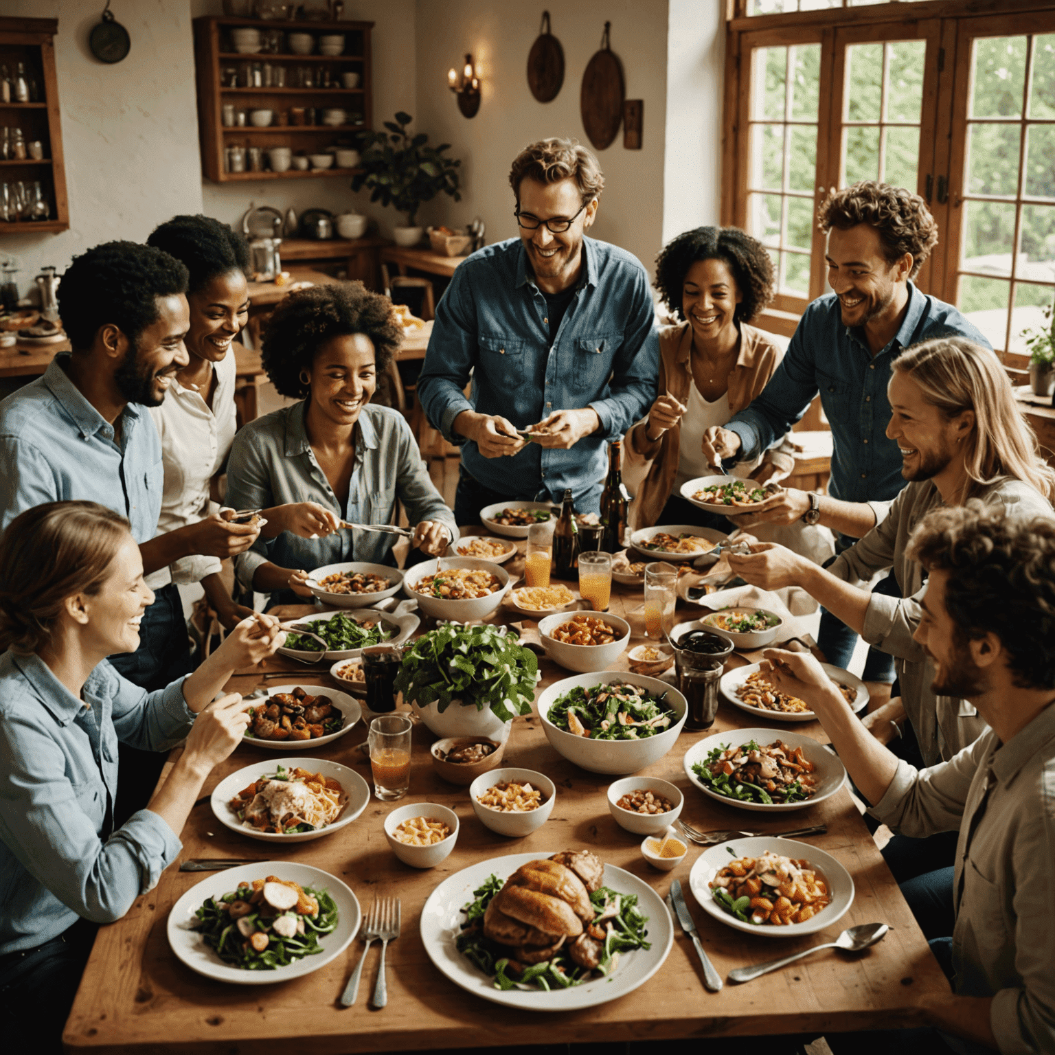 Image of a large table with diverse groups of people sharing a meal, laughing and interacting in a communal dining setting