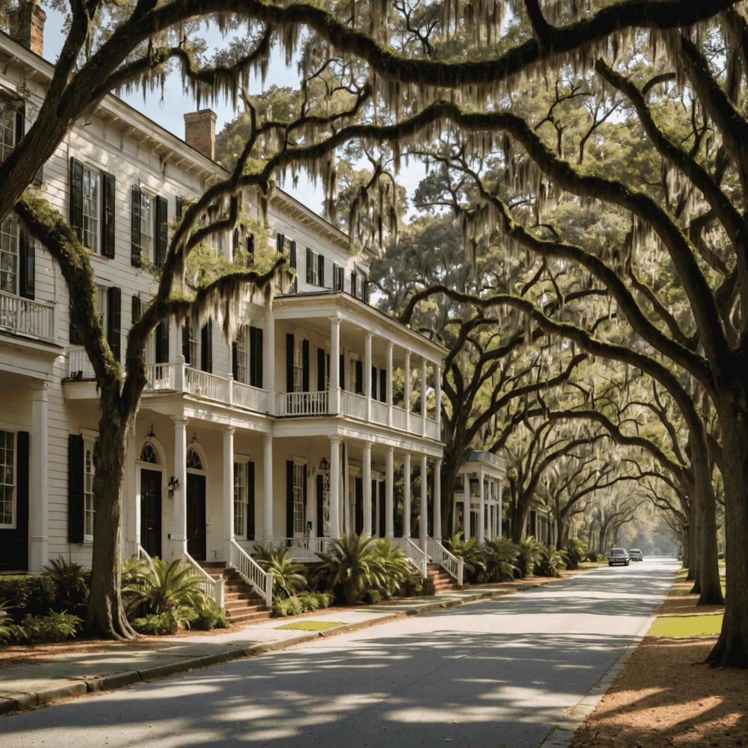 Antebellum houses lining a street with Spanish moss-draped trees in Beaufort, South Carolina