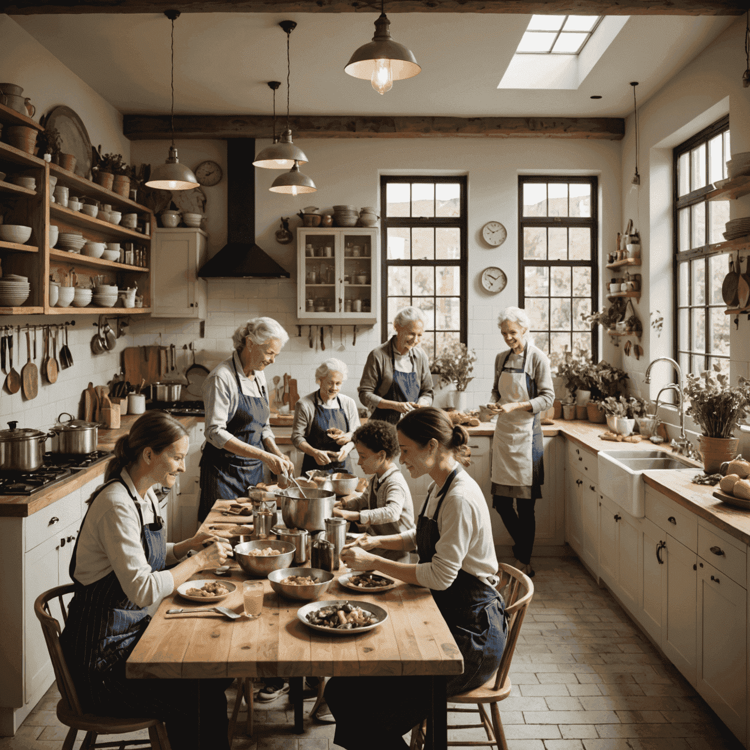 A bustling communal kitchen where people of different ages and backgrounds are cooking together