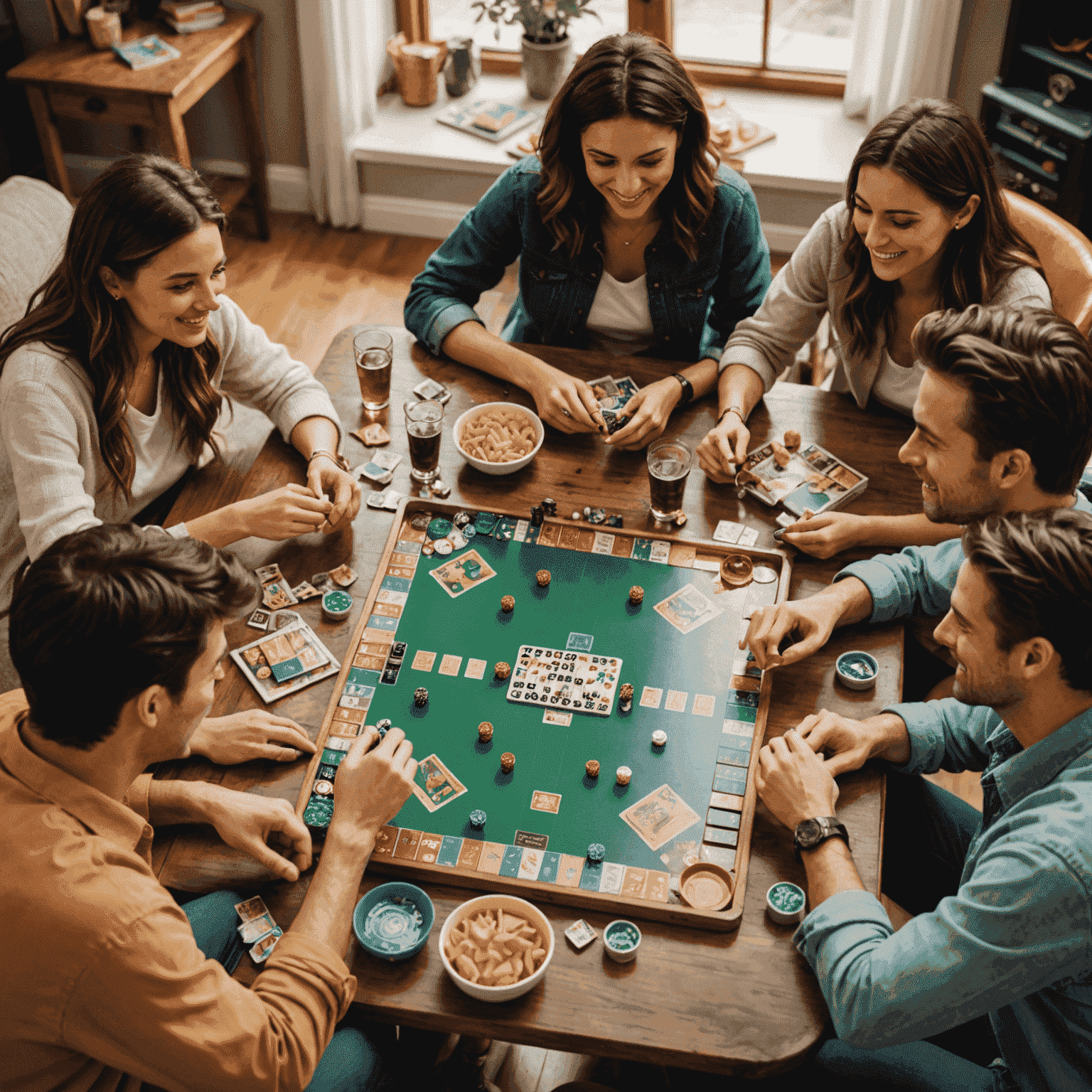 Friends gathered around a table playing board games, with snacks and drinks visible