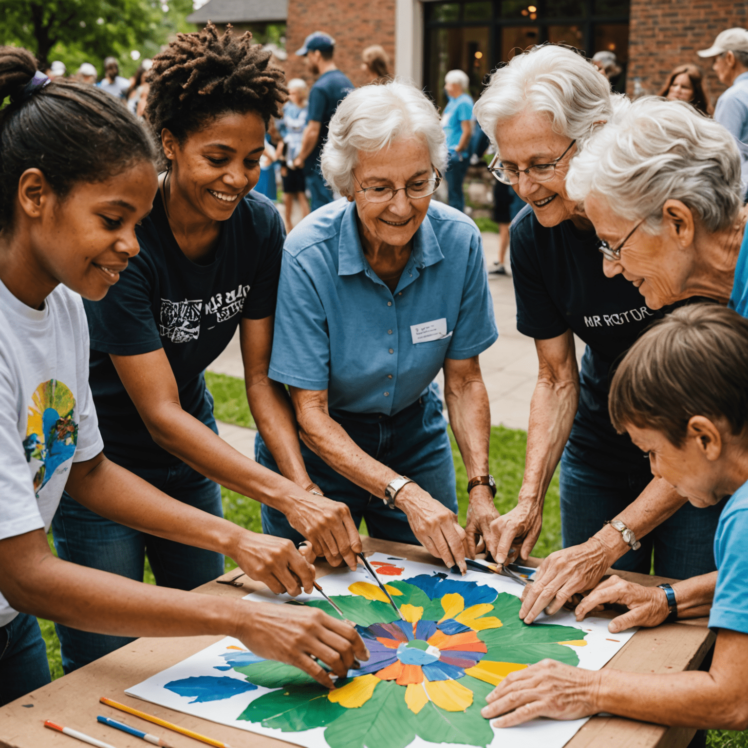 Volunteers of different ages and backgrounds collaborating on a community art project