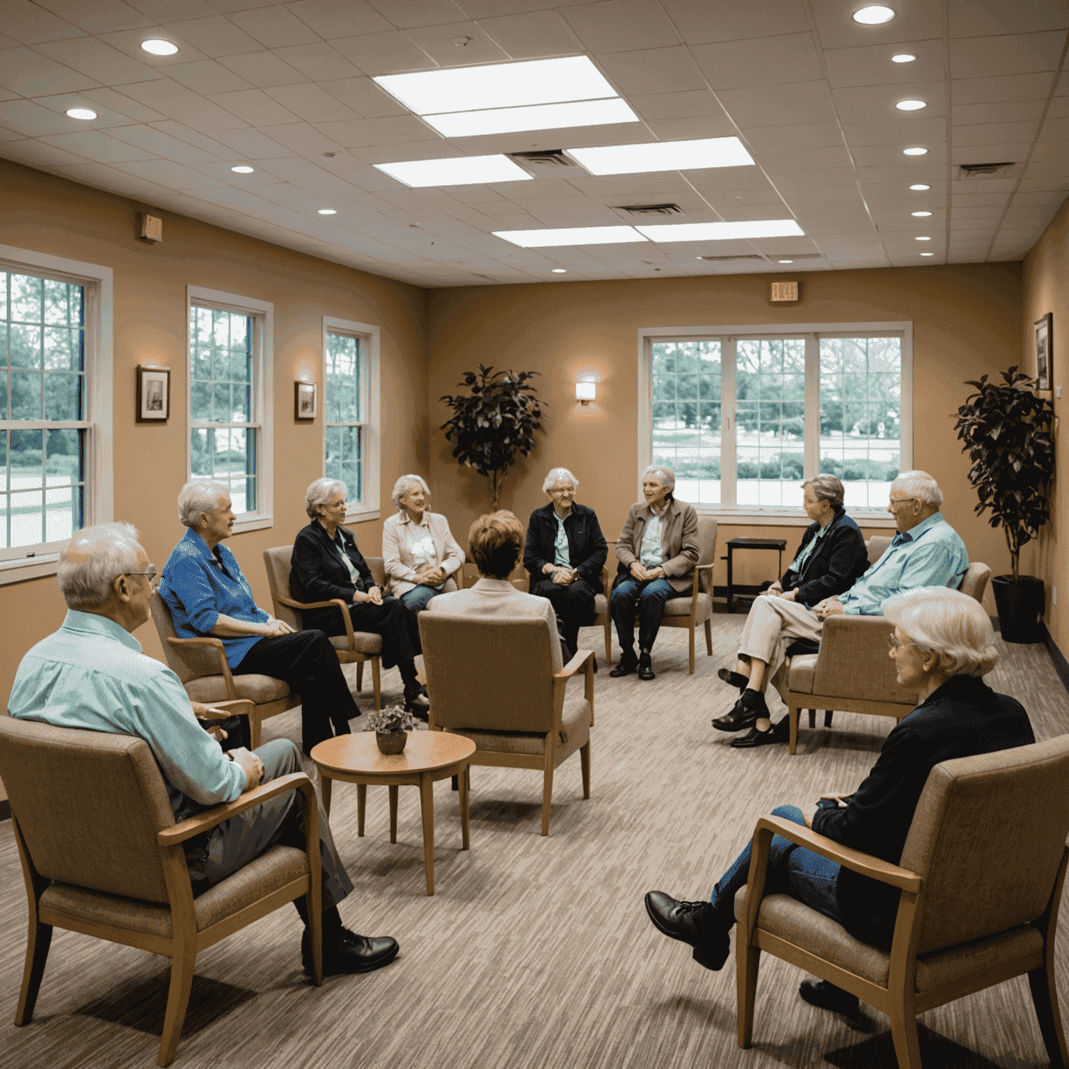 A well-arranged event space with various seating options, including comfortable chairs for older adults and casual seating areas for younger attendees, promoting intergenerational mingling