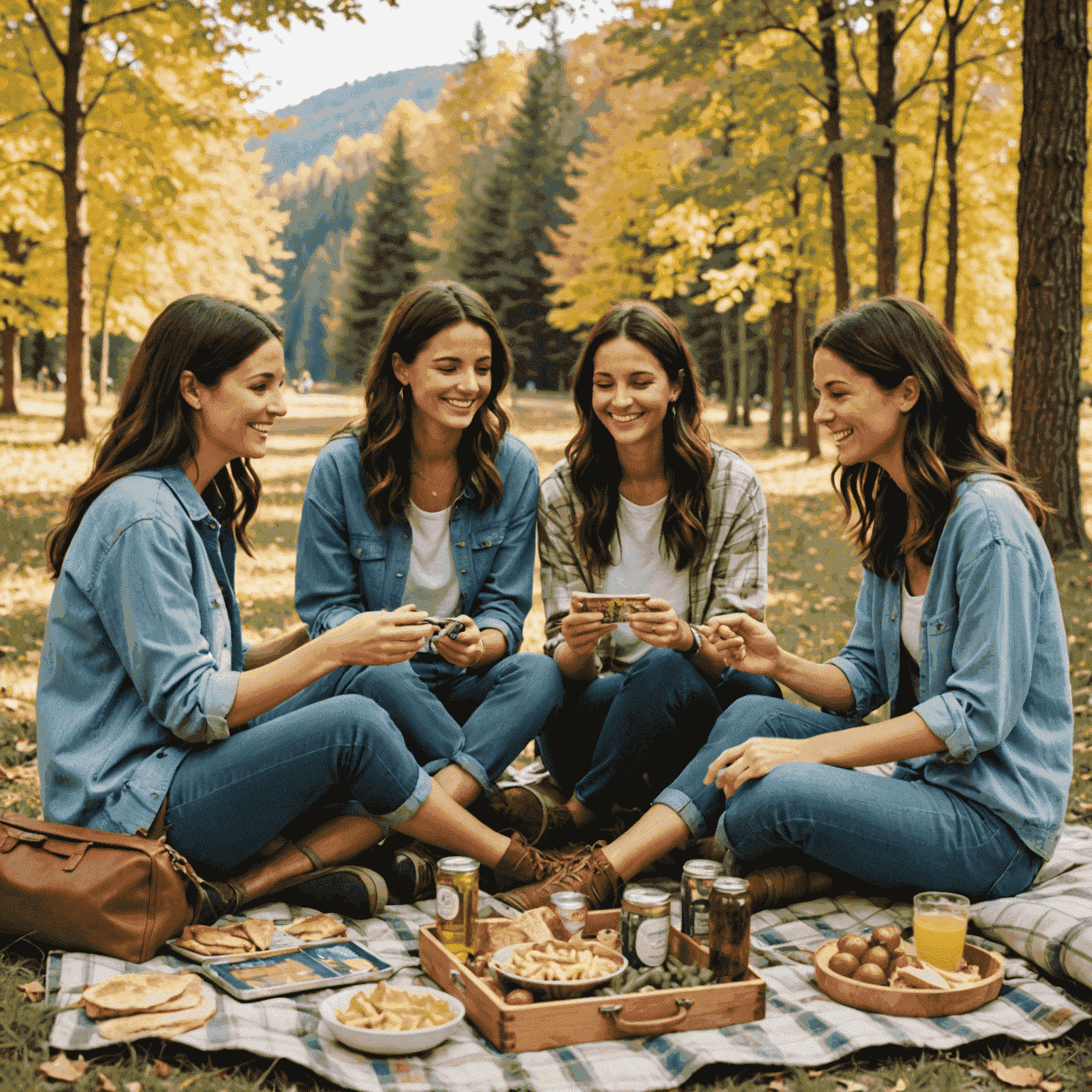 Friends enjoying outdoor activities together without phones, such as hiking, playing board games, or having a picnic