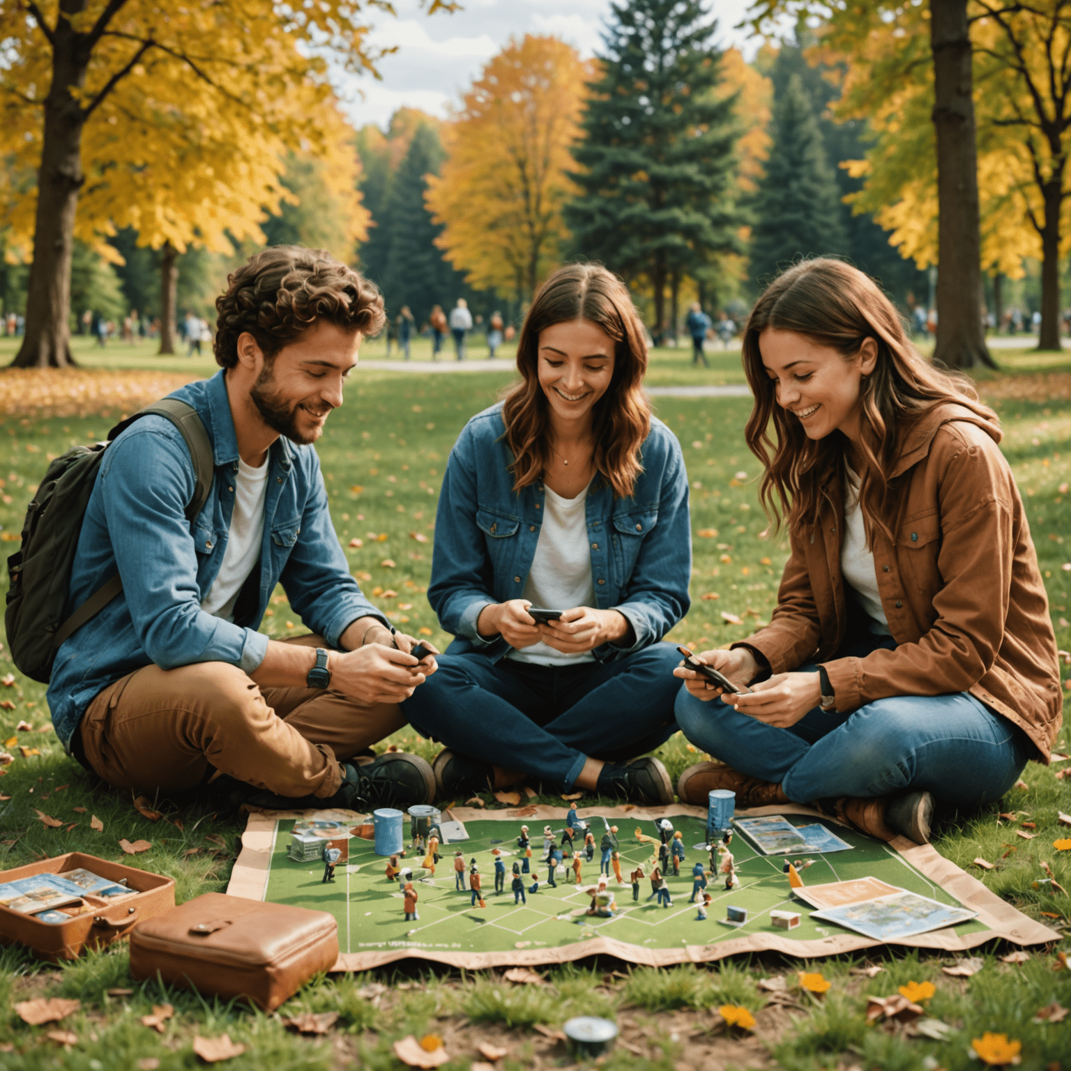 Group of friends engaged in outdoor activities without phones, such as hiking or playing board games in a park