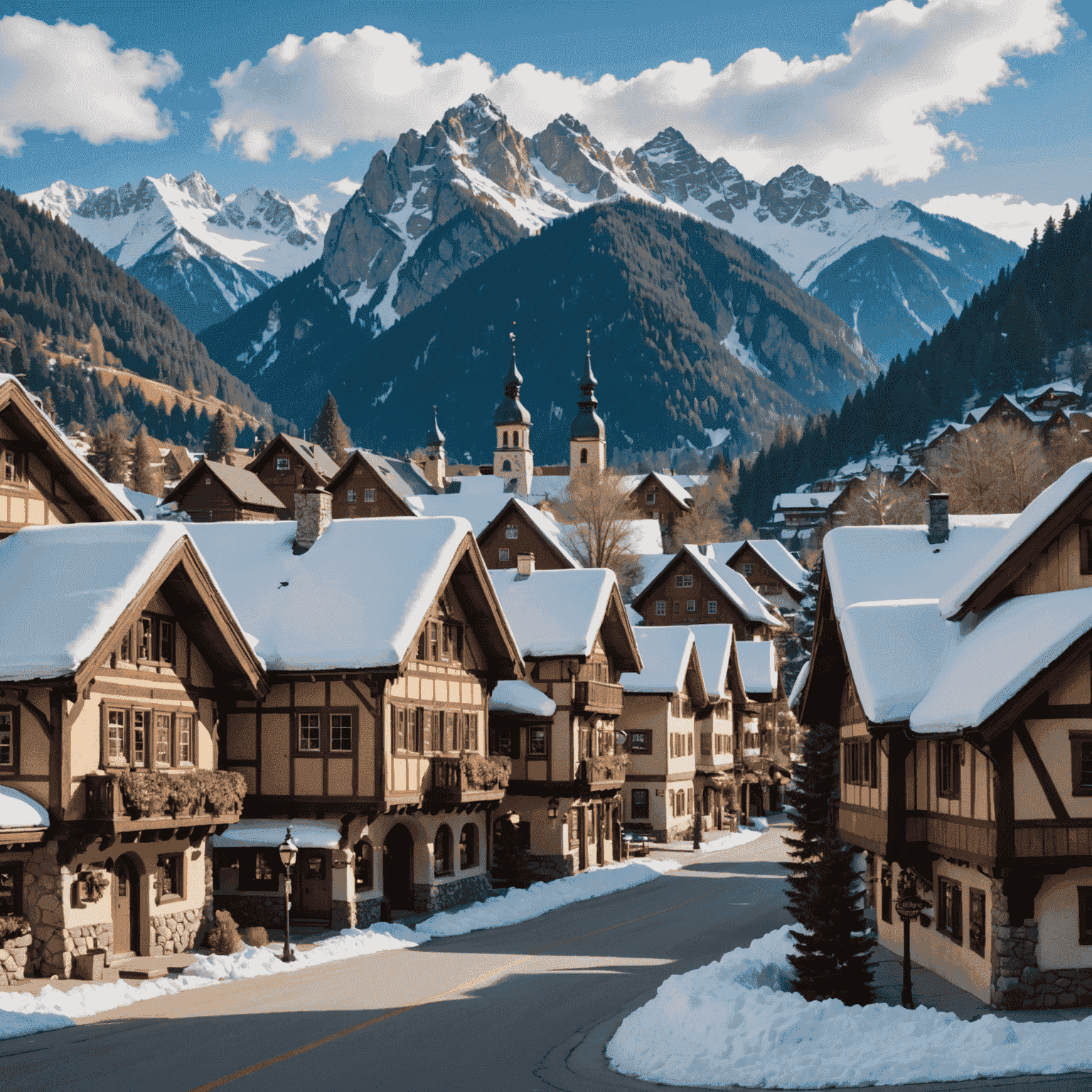 Bavarian-style buildings in Leavenworth, Washington with snow-capped mountains in the background