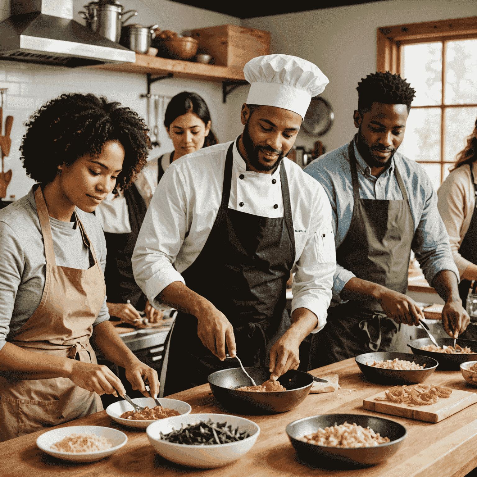 A diverse group of people participating in a cooking class, working together to prepare a meal