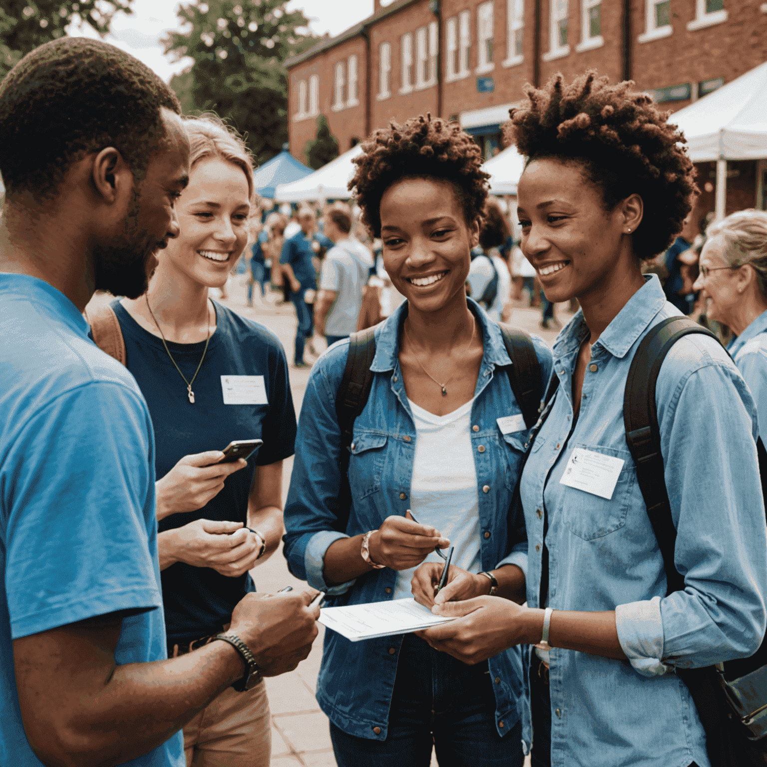 A group of volunteers exchanging contact information and chatting after a successful community event