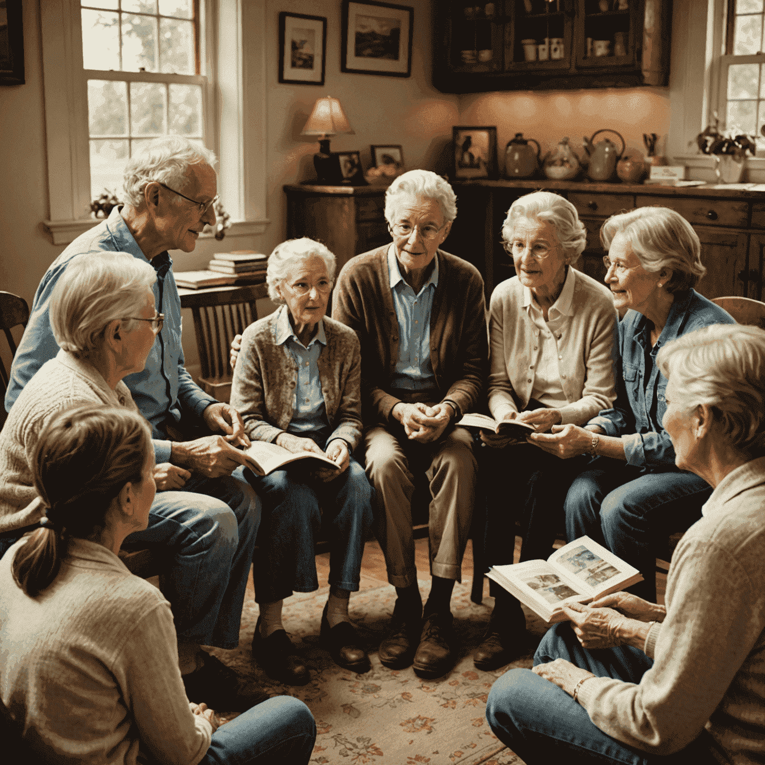 A heartwarming scene of an older adult sharing a story with a group of attentive younger listeners, illustrating intergenerational storytelling and connection