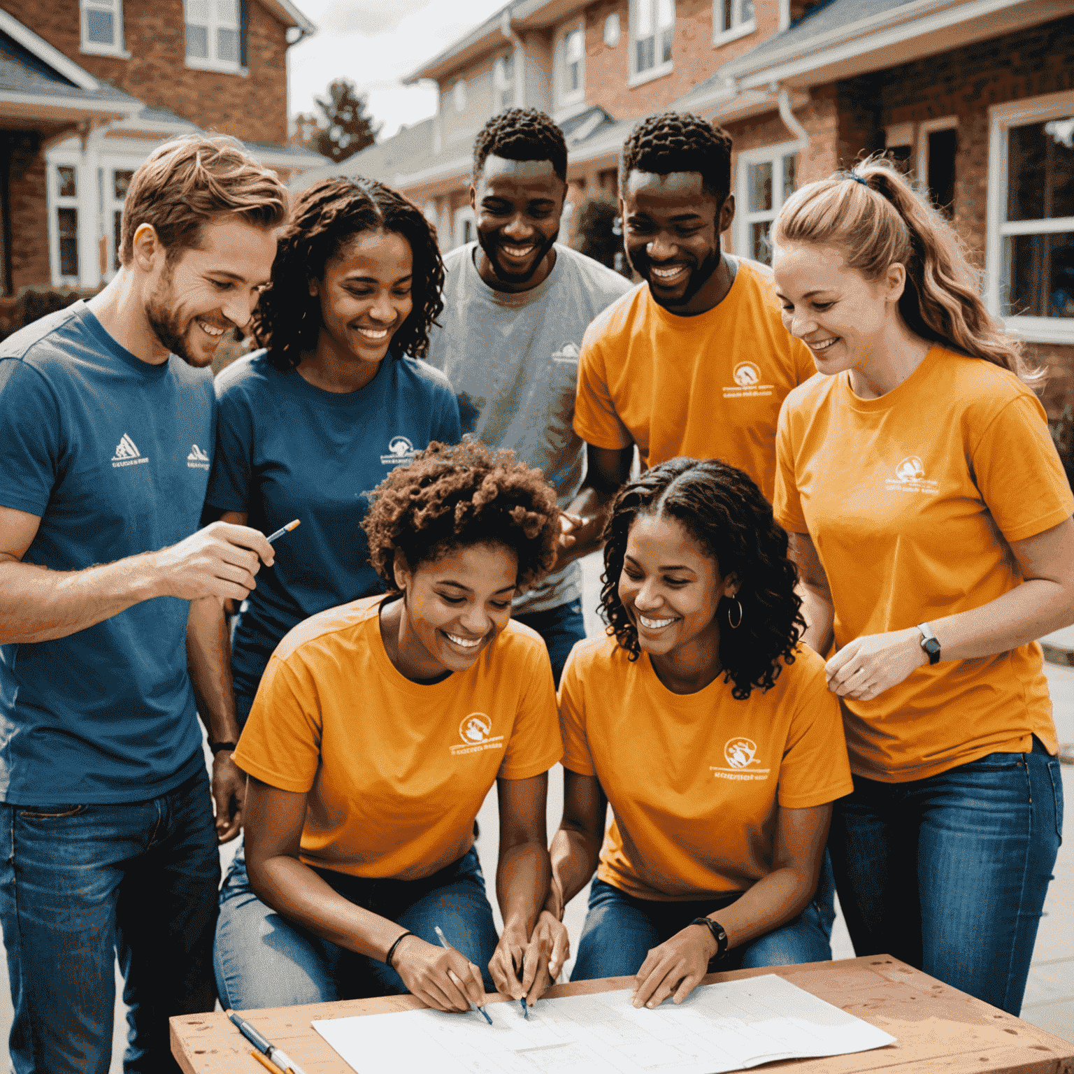 Diverse group of volunteers working together on a community project, smiling and interacting