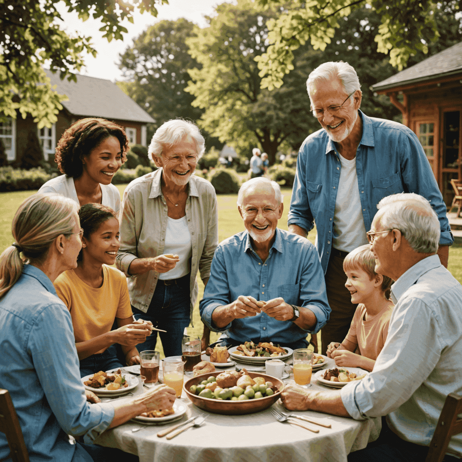 Family gathering with members of different generations interacting and enjoying activities together