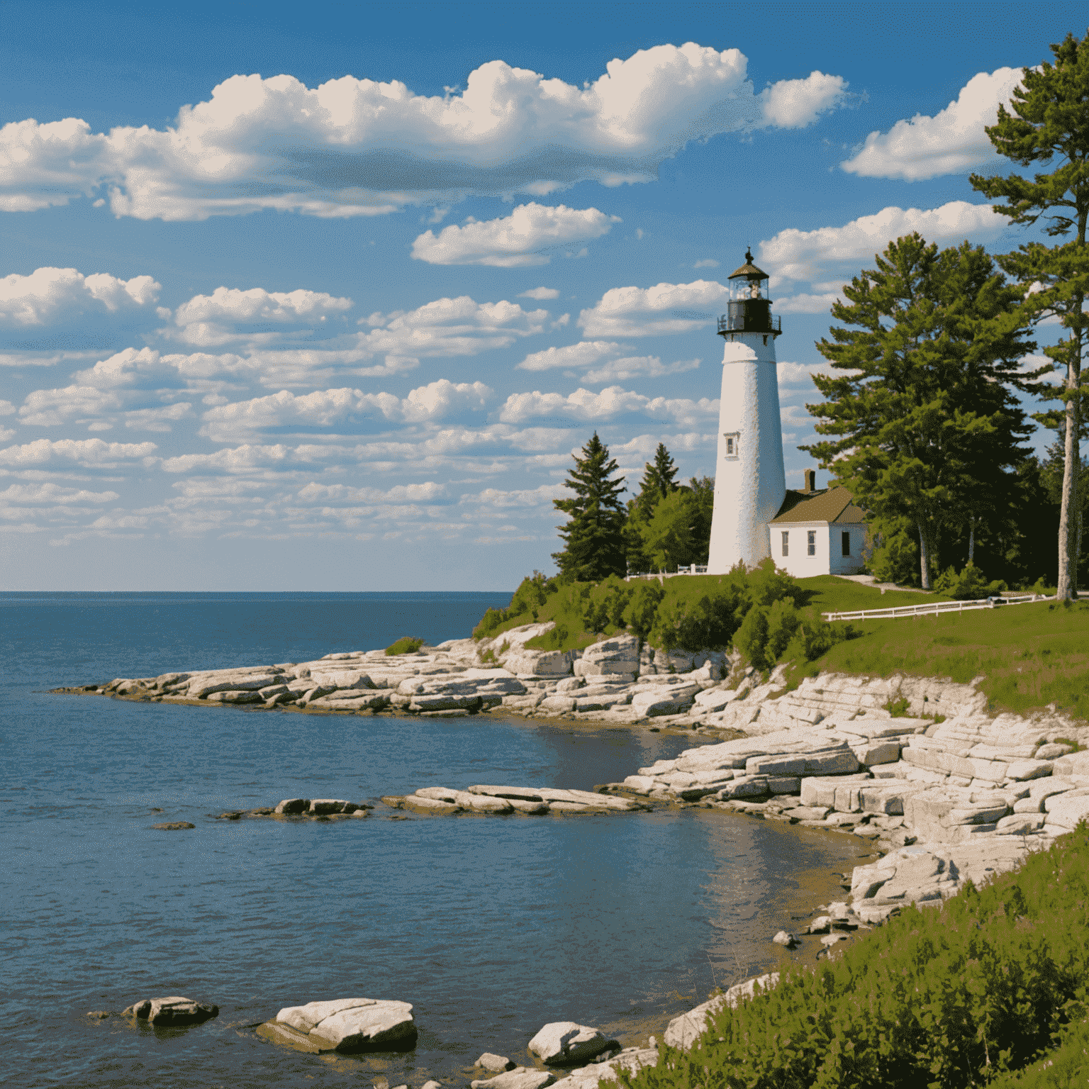 Scenic coastline with lighthouse in Door County, Wisconsin